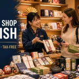 お土産店で外国人旅行者を英語で接客するスタッフ