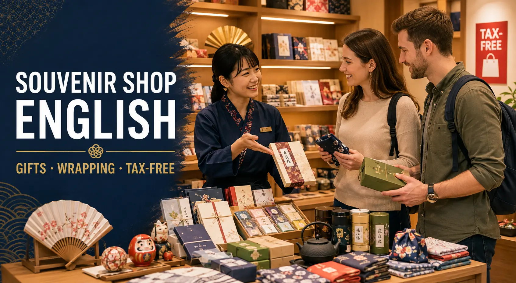 お土産店で外国人旅行者を英語で接客するスタッフ