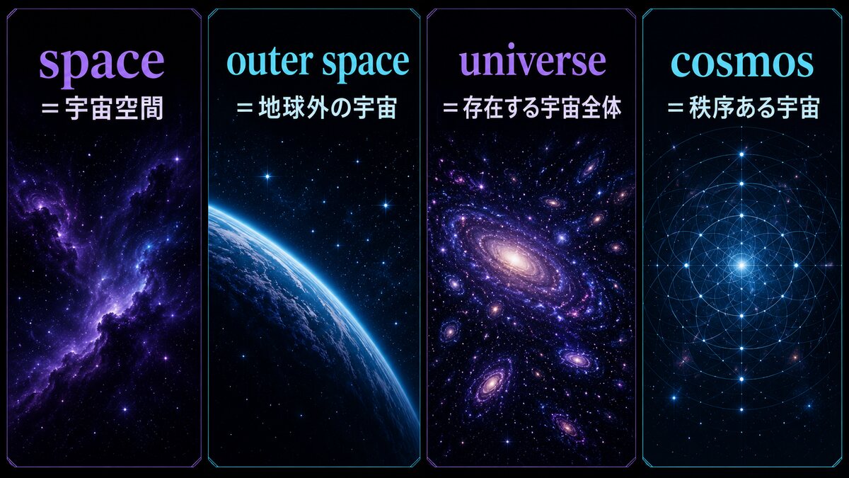 space、outer space、universe、cosmosの意味の違いを示す図解