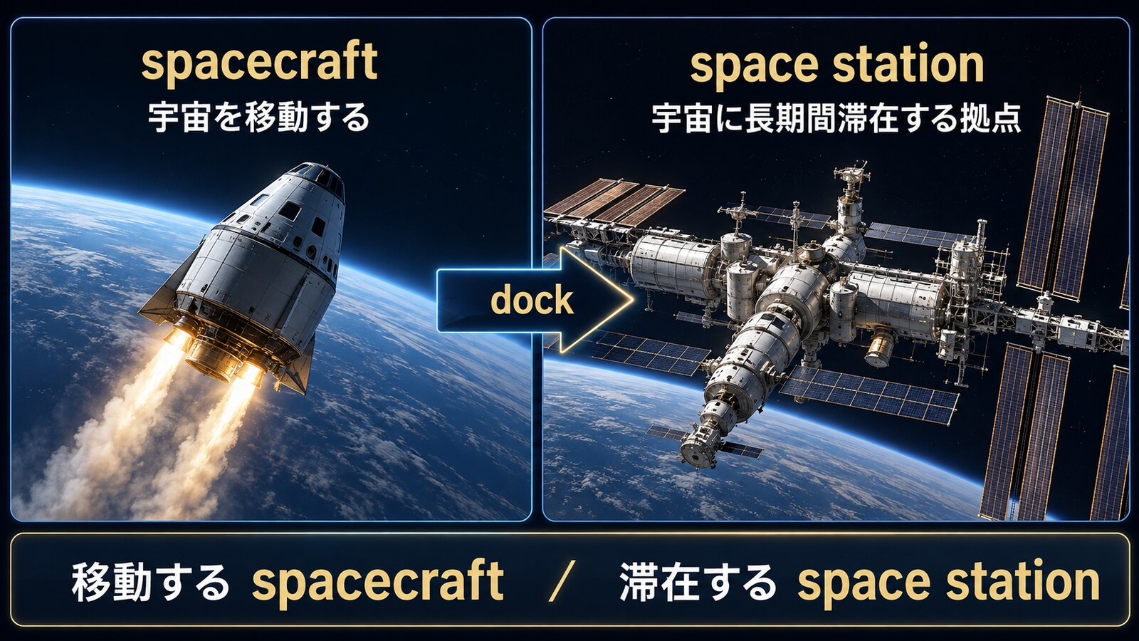 移動するspacecraftと長期間滞在するspace stationを比較した図解