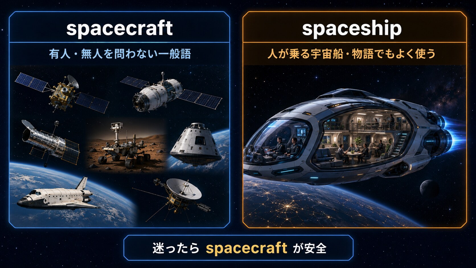spacecraftとspaceshipの意味と使い分けを比較した図解