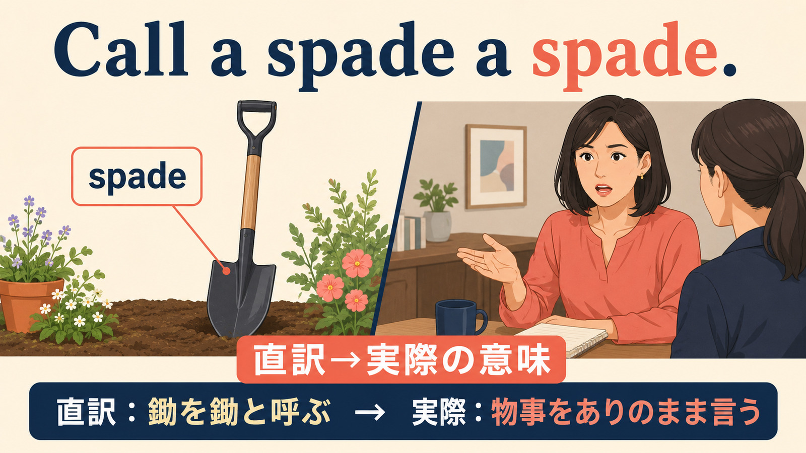 Call a spade a spade.の直訳と実際の意味を比較する解説イラスト