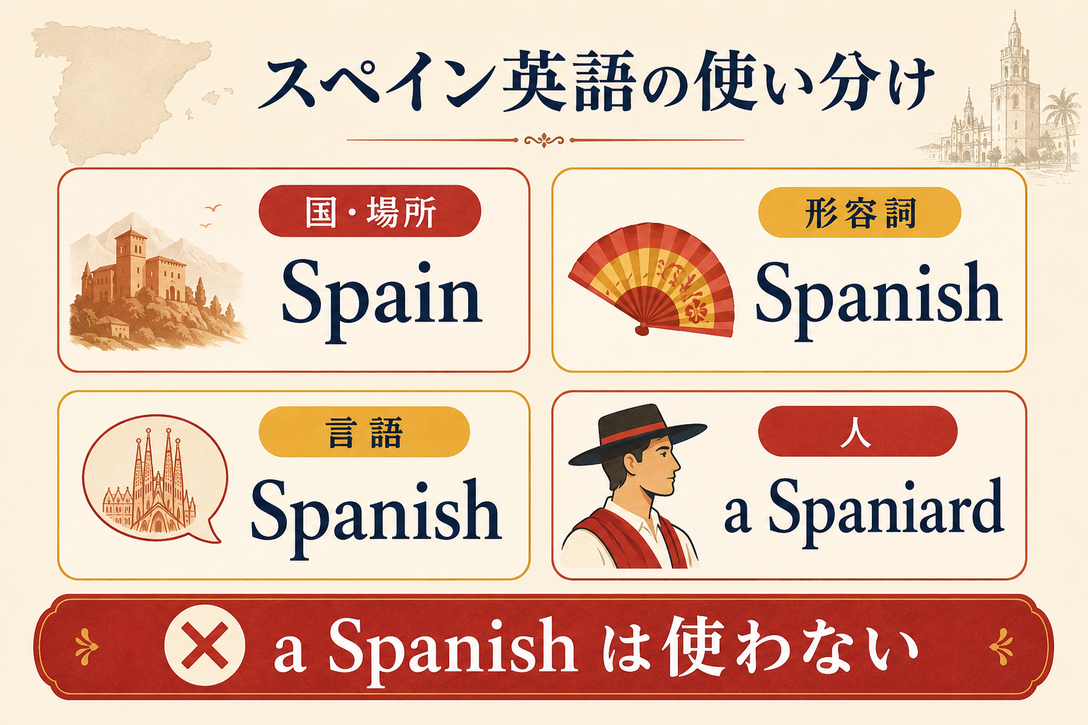 Spain・Spanish・a Spaniardの使い分けを示す図解