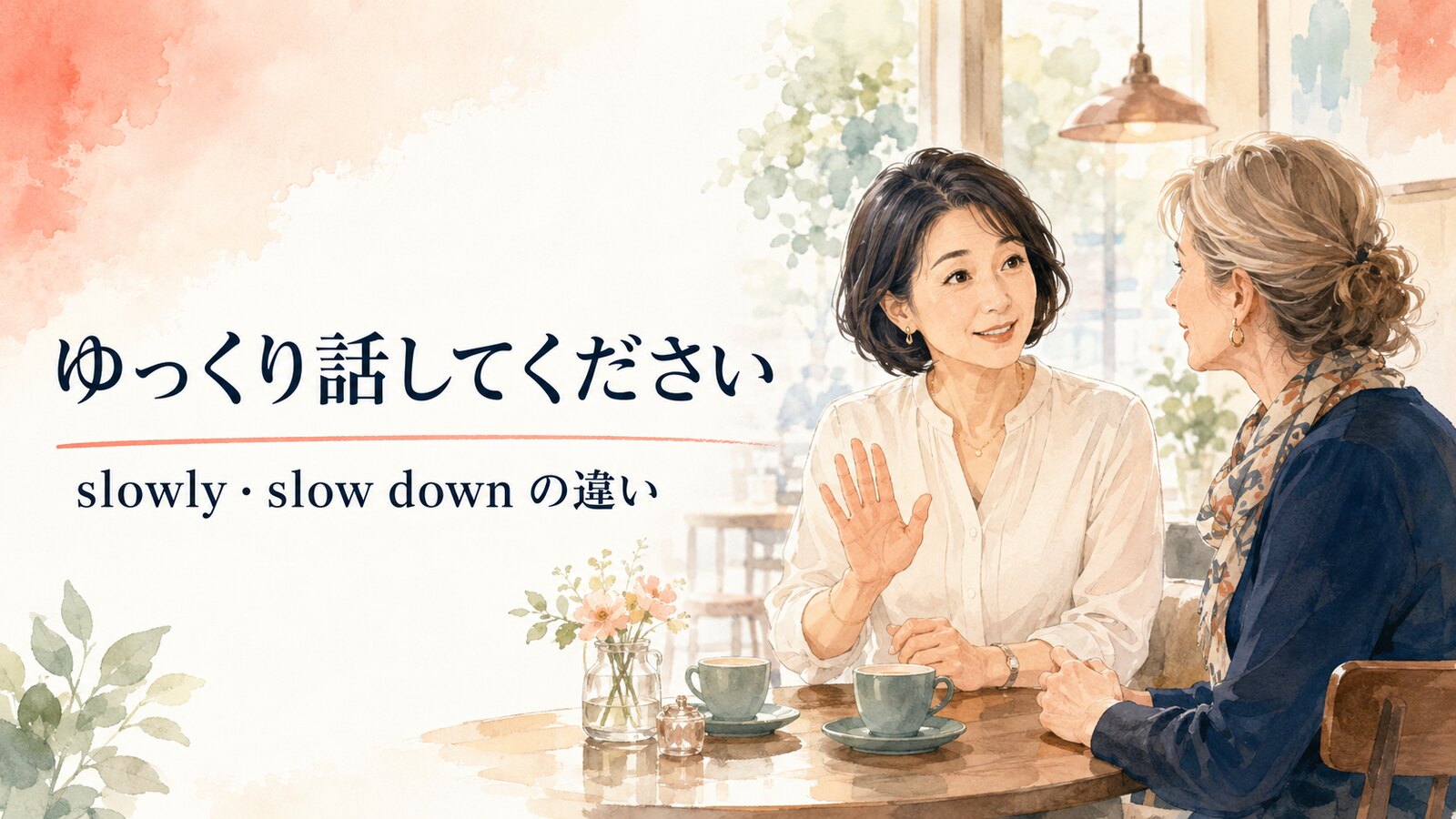 ゆっくり話してくださいを英語で頼む女性のイラスト