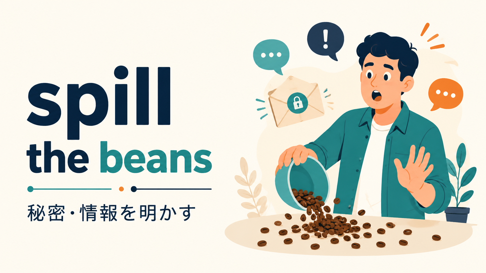 spill the beansの意味は秘密や情報を明かすことを表すイラスト