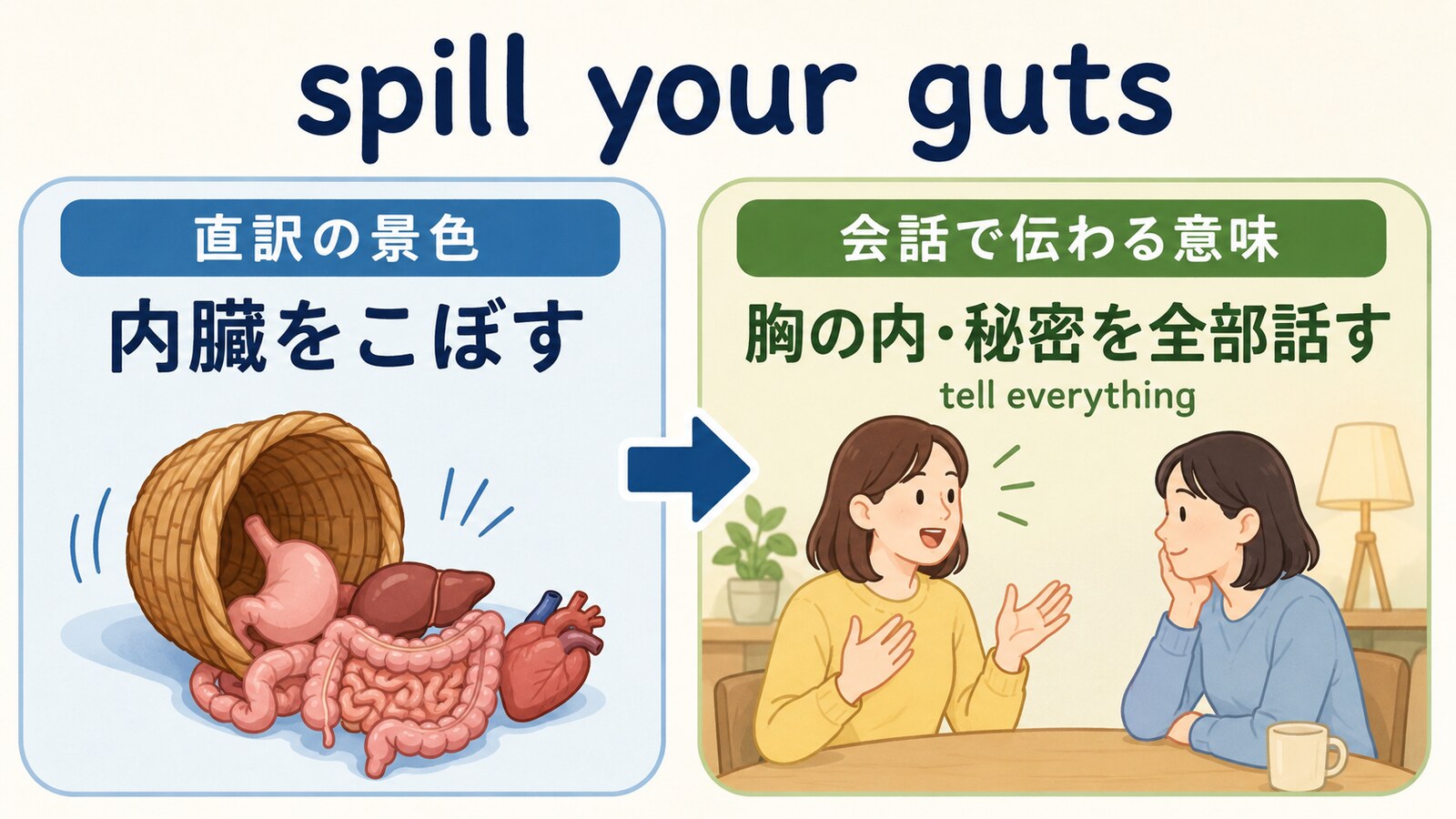 spill your gutsの直訳と会話での意味を比較する解説イラスト