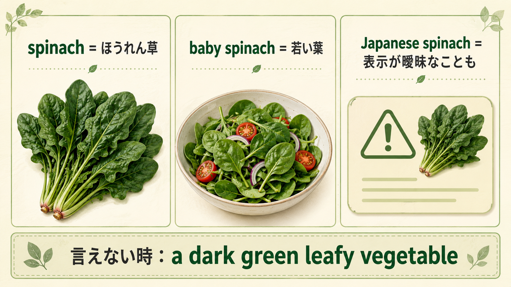 spinachとbaby spinach、Japanese spinachの違いと言い換え