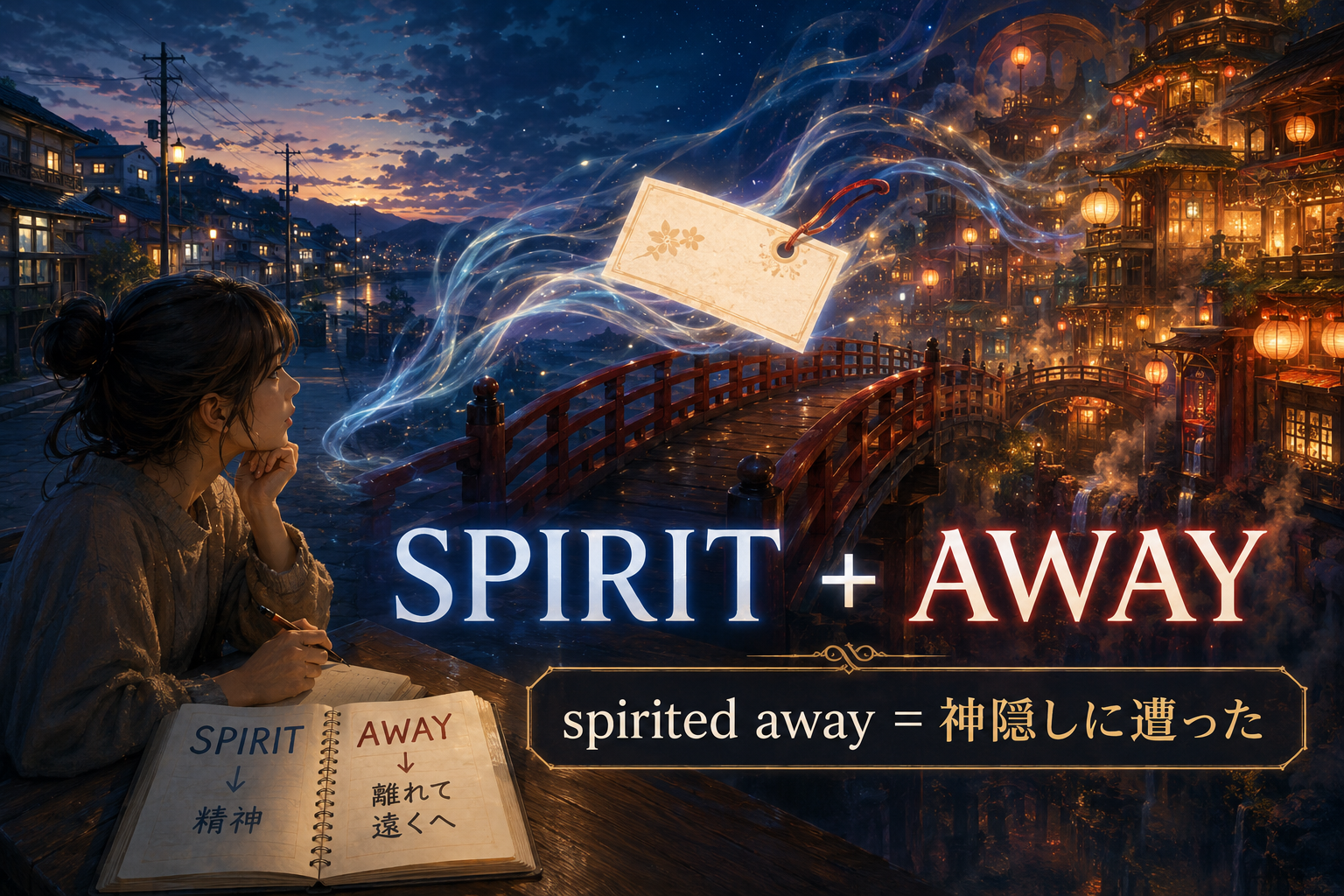 Spirited Awayが神隠しを意味することを示す英語学習イラスト