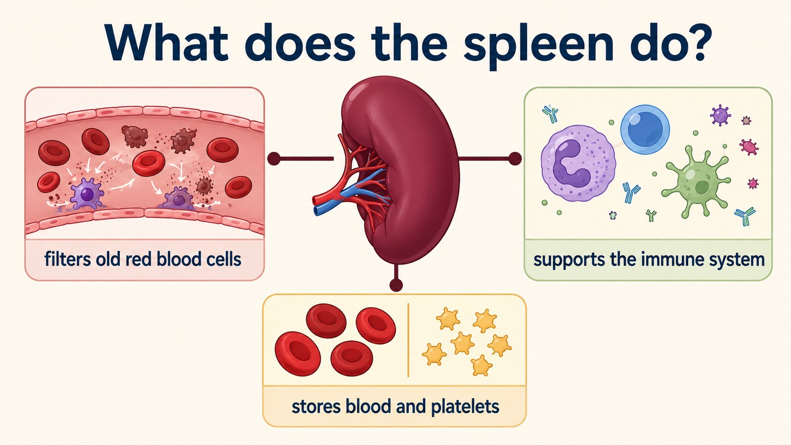 spleenが古い赤血球をろ過し免疫を支え血液と血小板を蓄える働きの英語図解