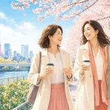 桜並木を歩きながら春の会話を楽しむ大人の女性2人のイラスト