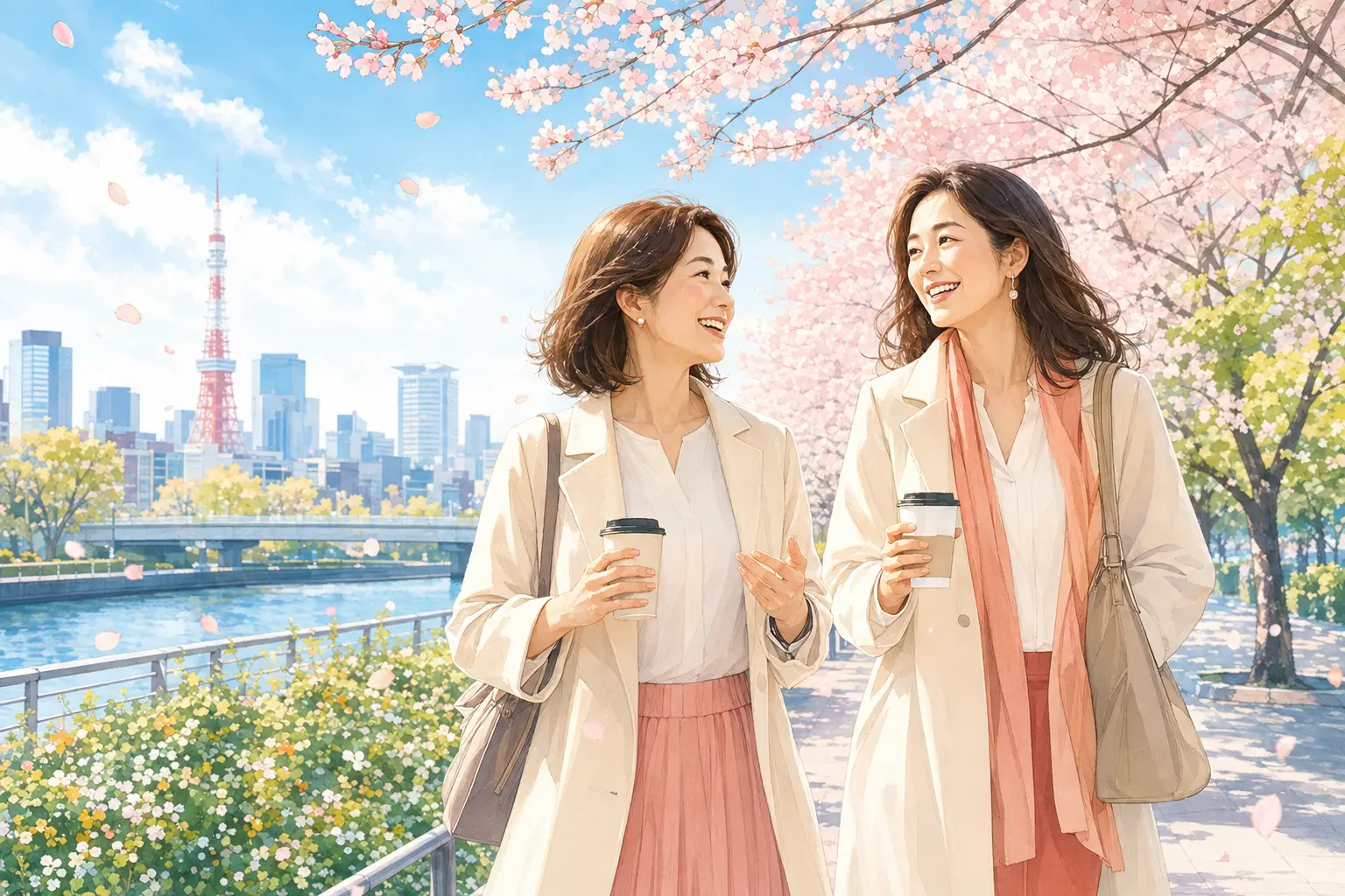 桜並木を歩きながら春の会話を楽しむ大人の女性2人のイラスト