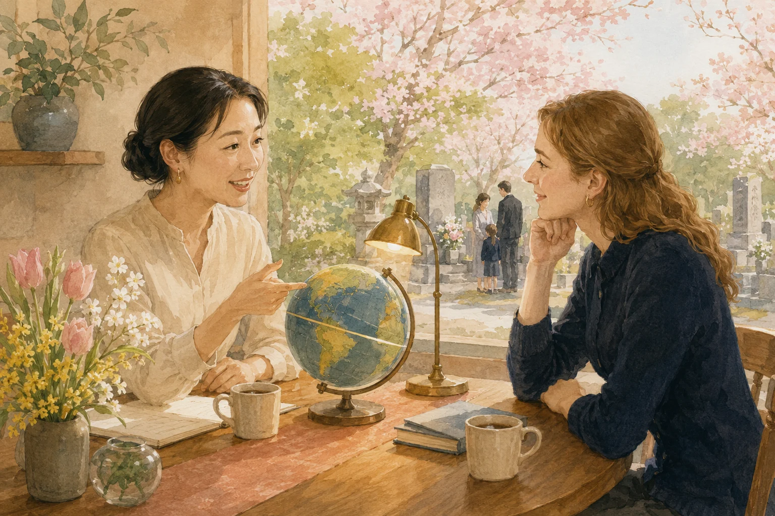 地球儀を使って春分の日を英語で説明する女性