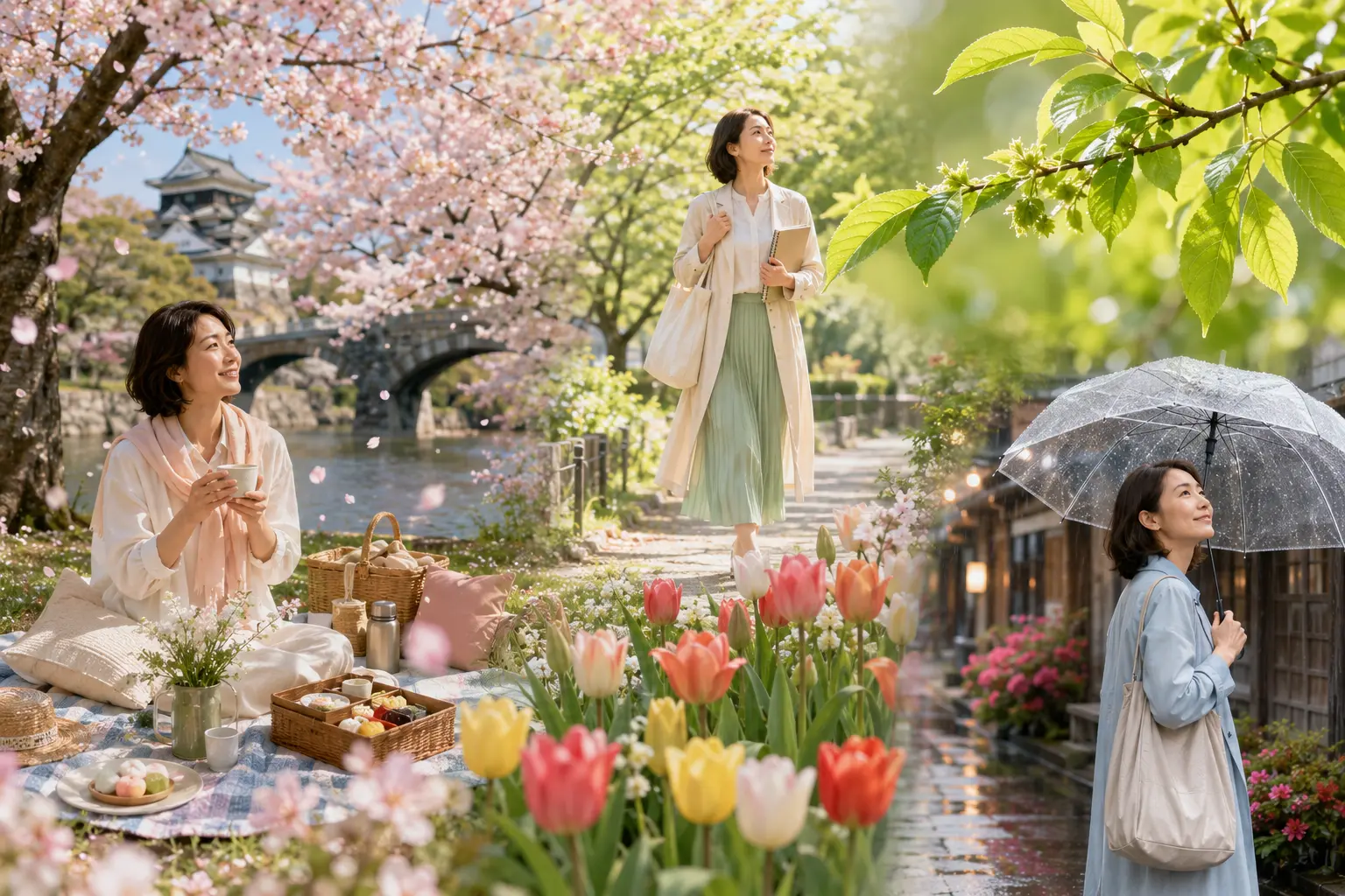 桜の花見、新緑、チューリップ、春の雨で季節の移ろいを表したイラスト
