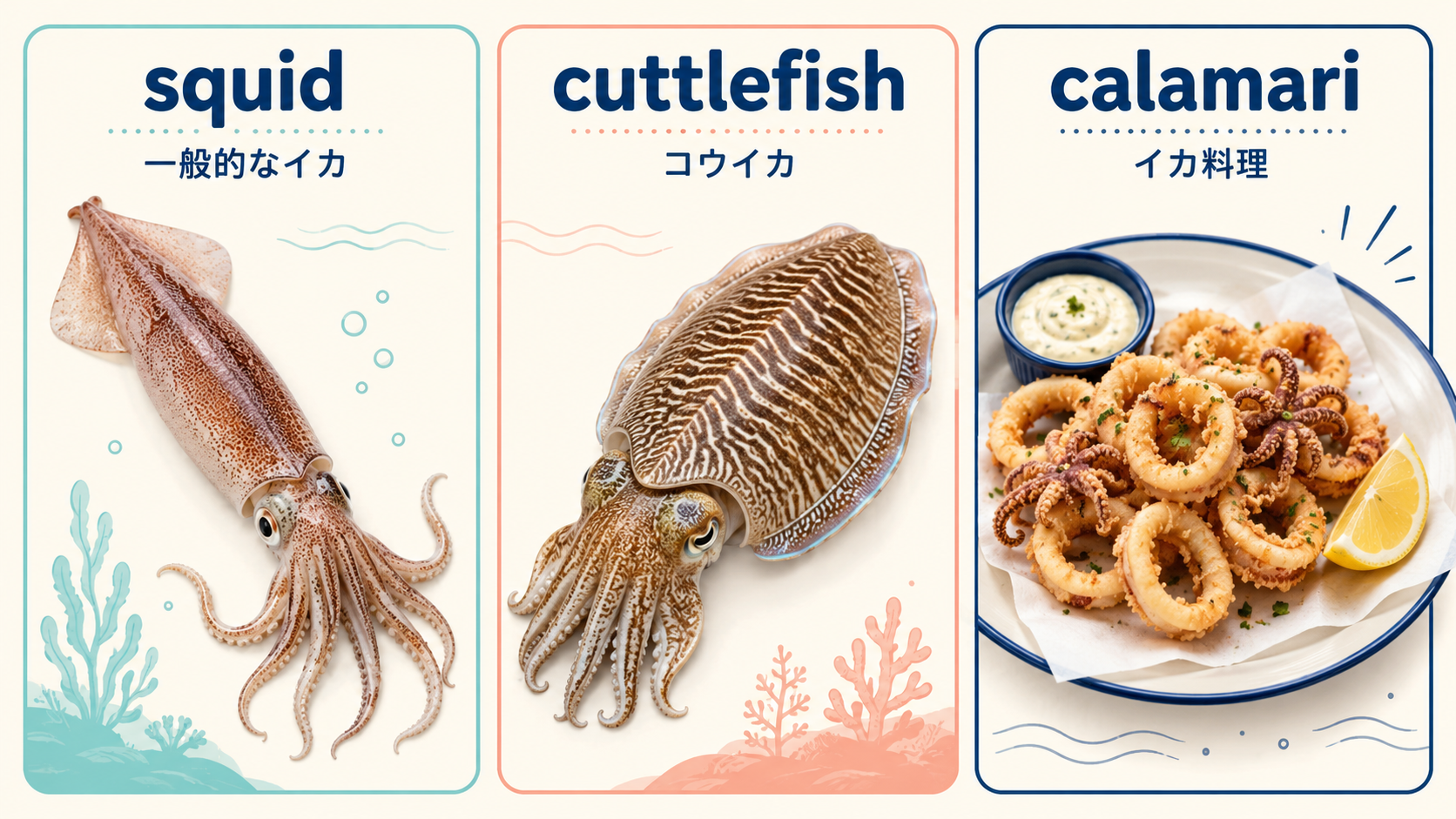 squid・cuttlefish・calamariの違いを示すイラスト