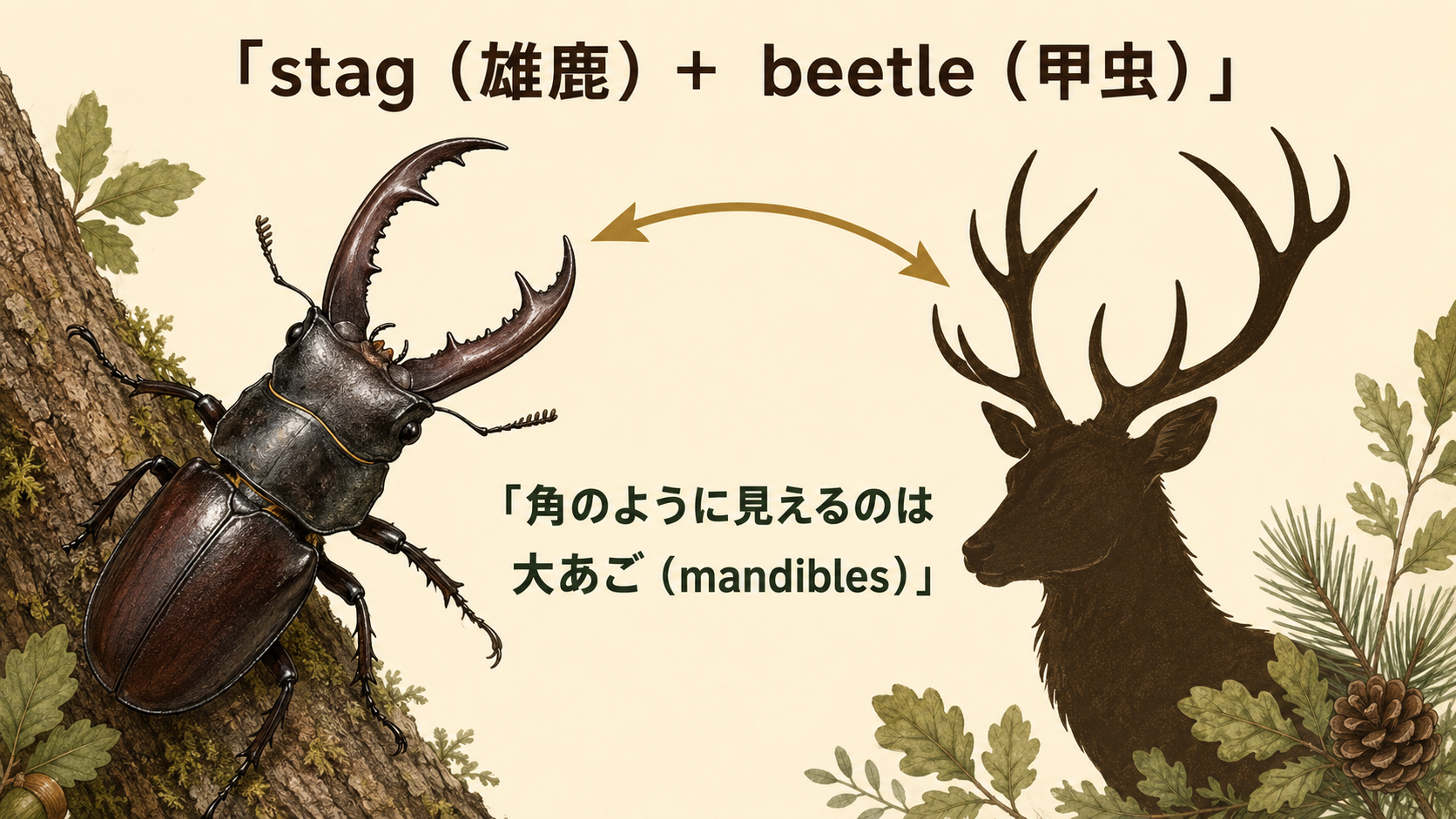 クワガタの大あごと雄鹿の角を比較しstag beetleの名前の由来を説明する図