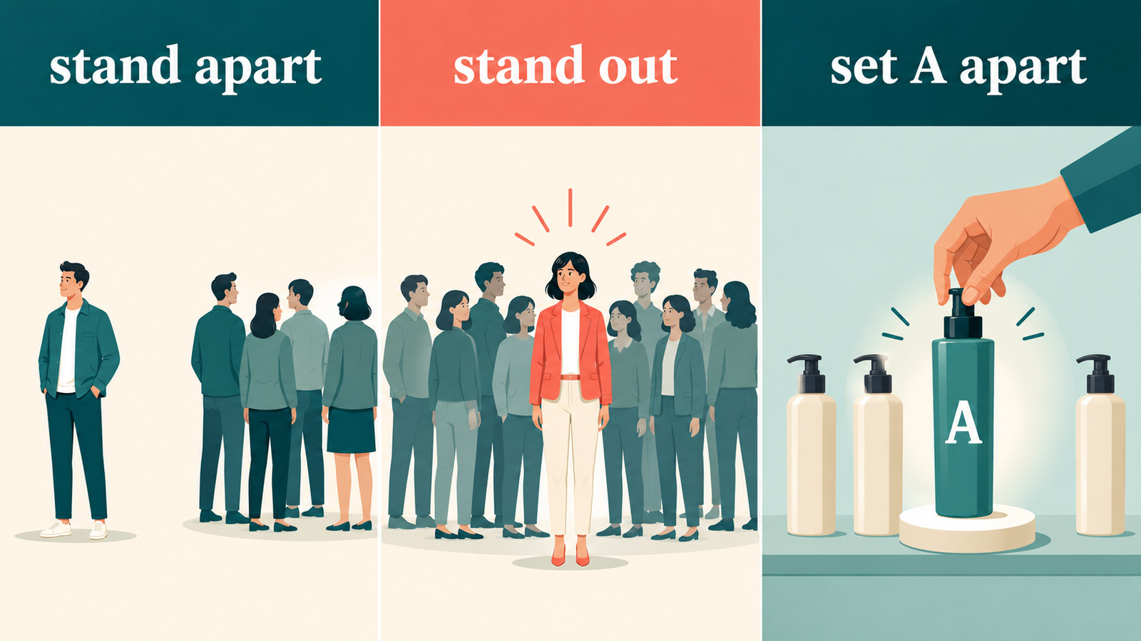 stand apart・stand out・set A apartの意味と語順の違いを比較する図解