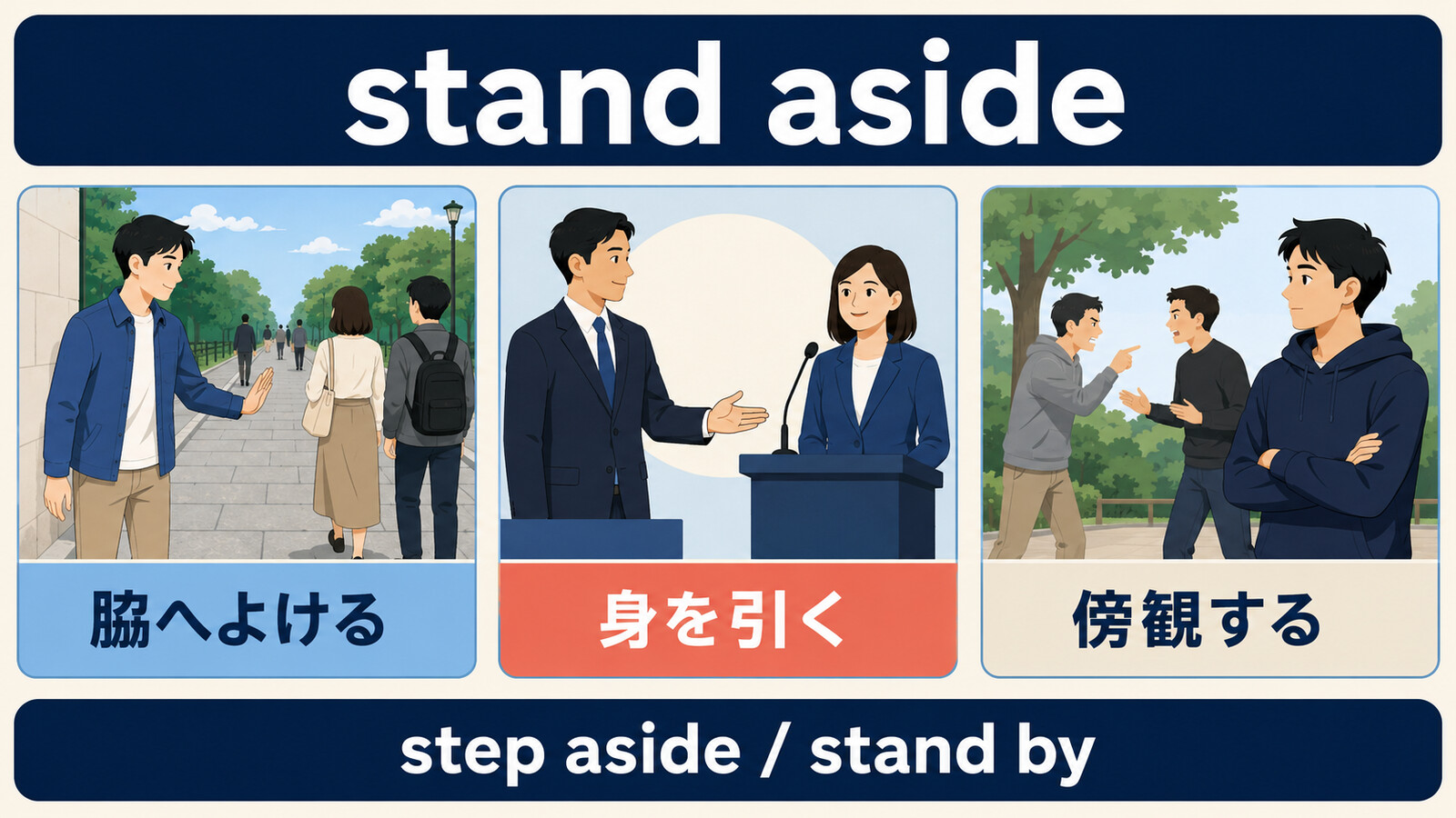 stand asideの脇へよける・身を引く・傍観するという意味を示す解説図