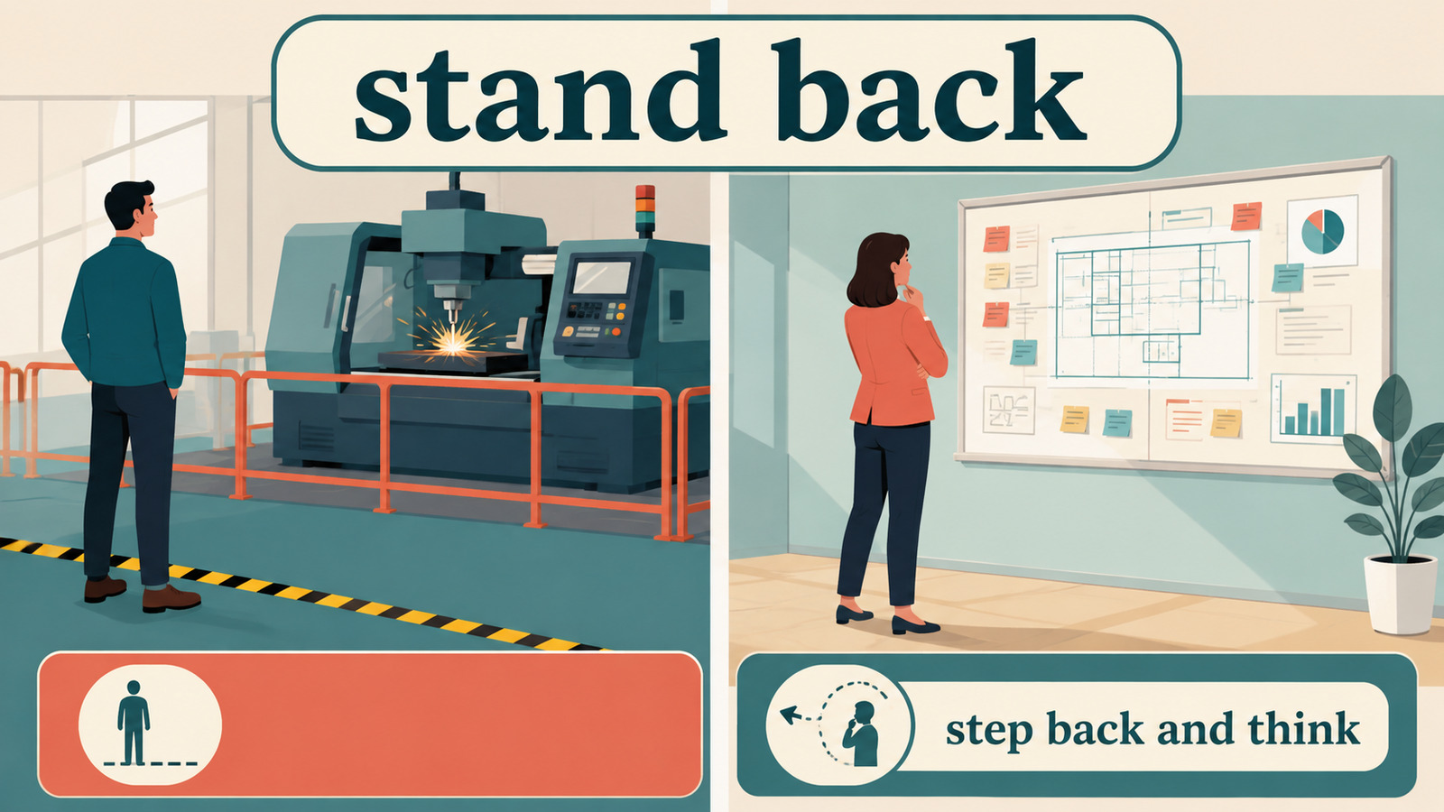 stand backの物理的に下がる意味と一歩引いて考える意味を比較する図解