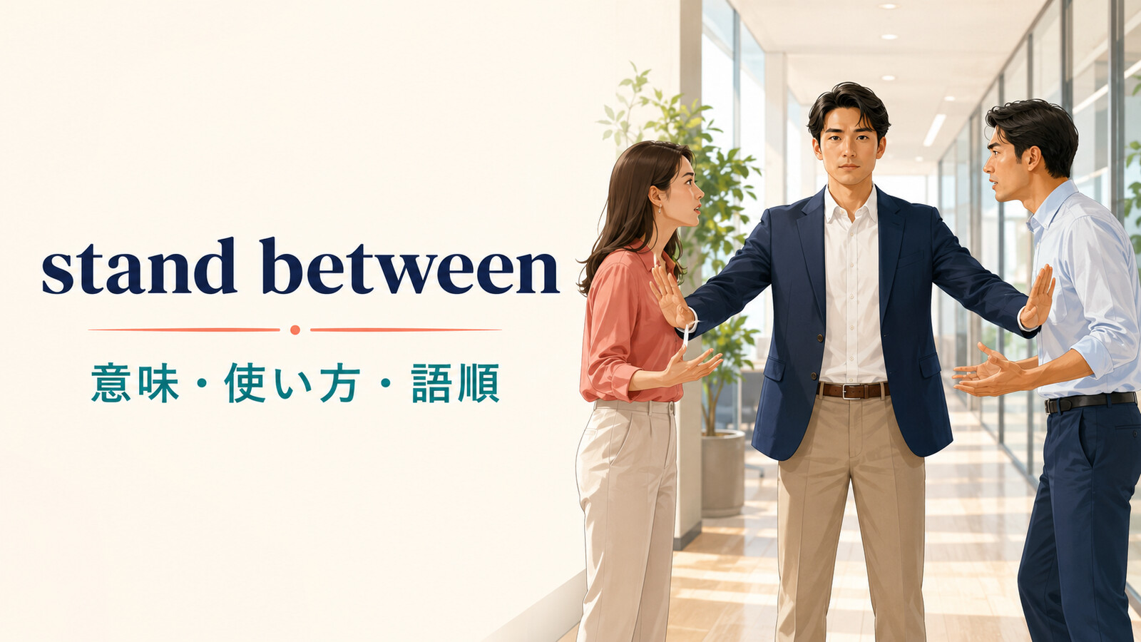 stand betweenの意味・使い方・語順を解説するアイキャッチ画像