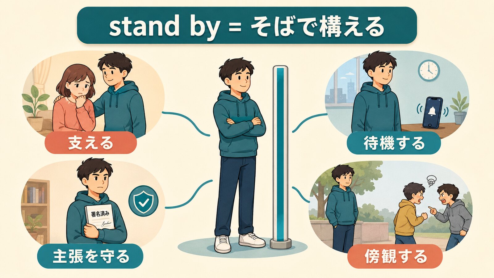 stand byの支える・待機する・主張を守る・傍観するを示す図