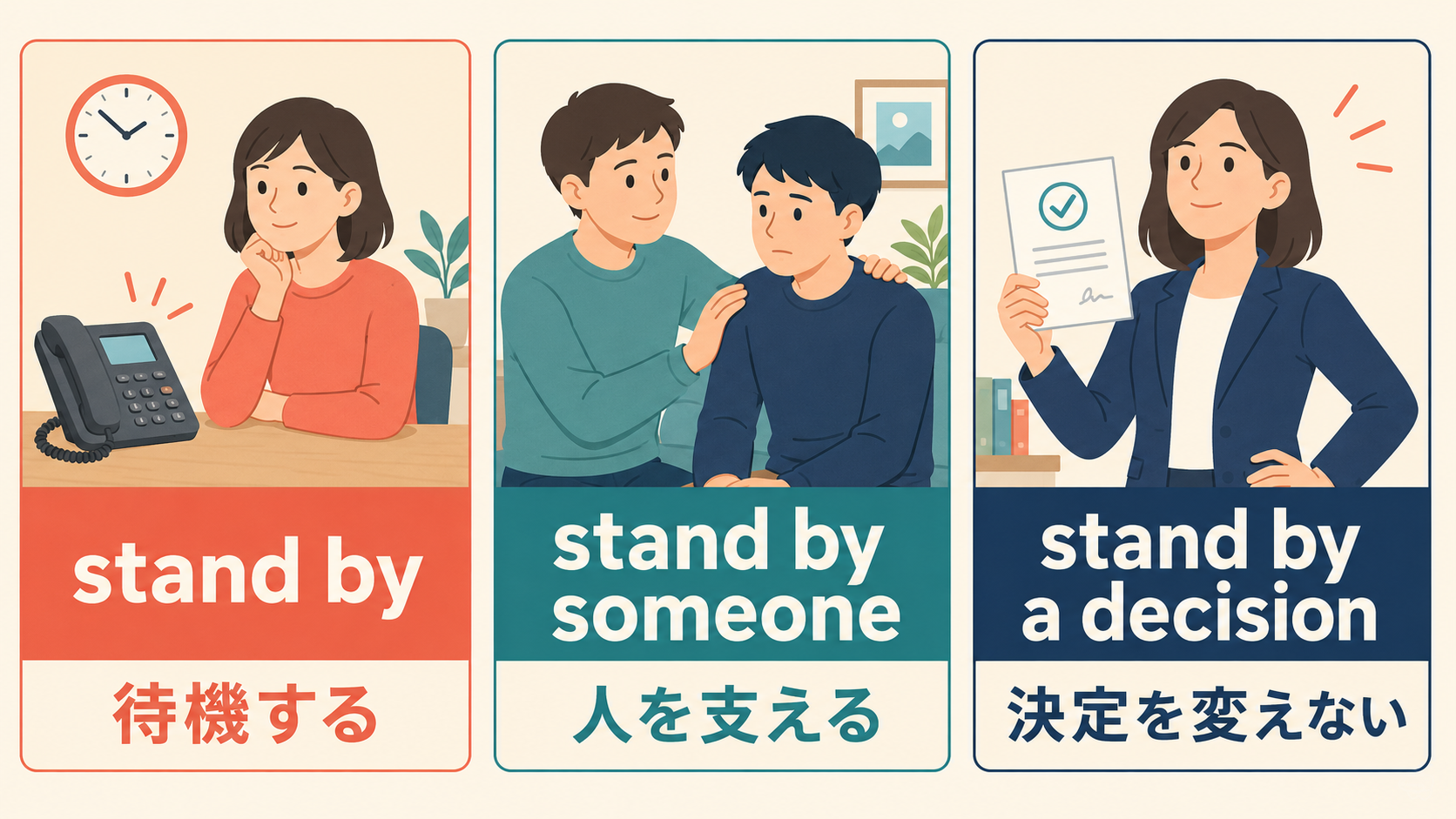 stand byの待機する・人を支える・決定を変えないという3つの用法