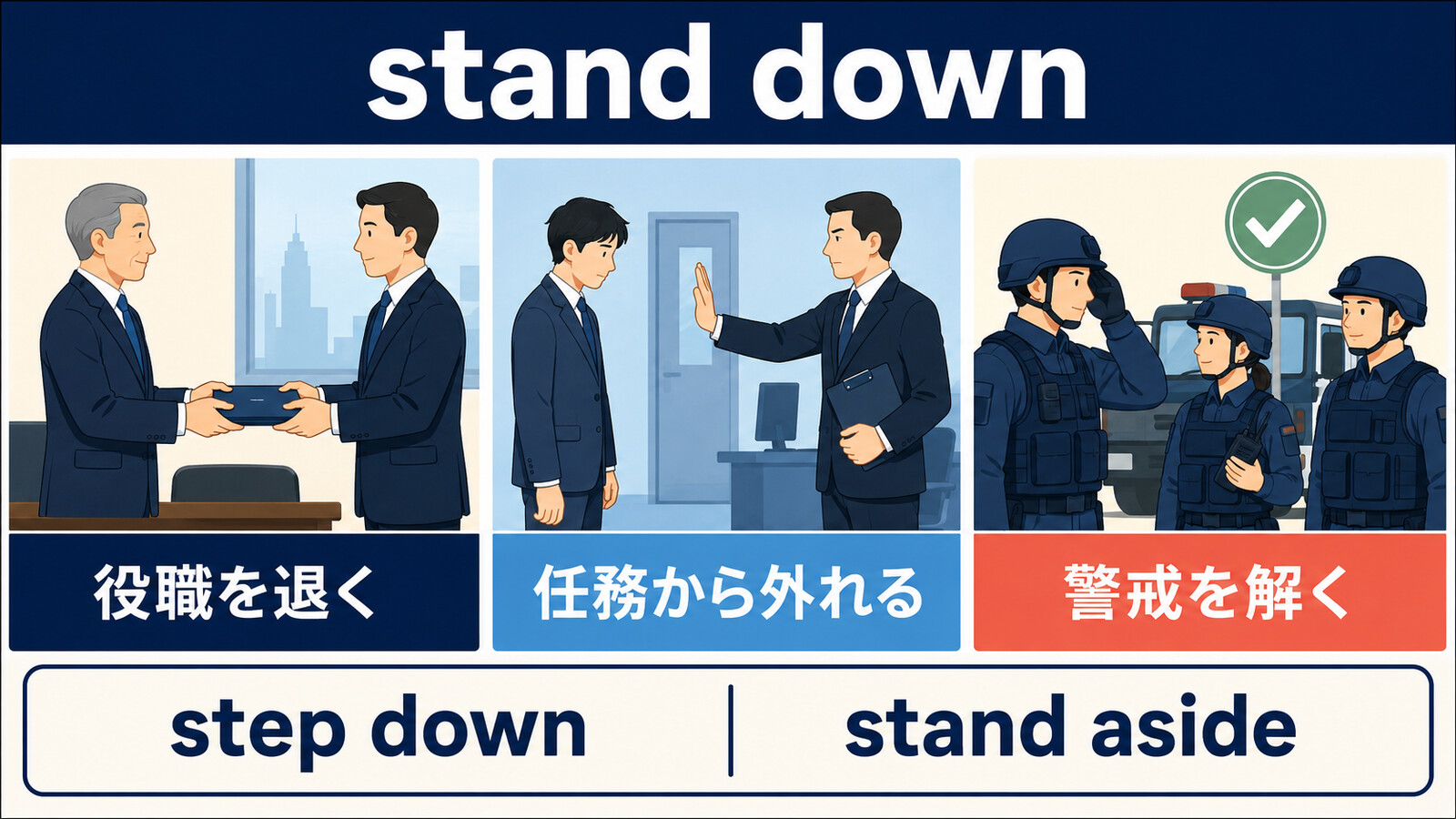 stand downの役職を退く・任務から外れる・警戒を解くという意味を示す解説図