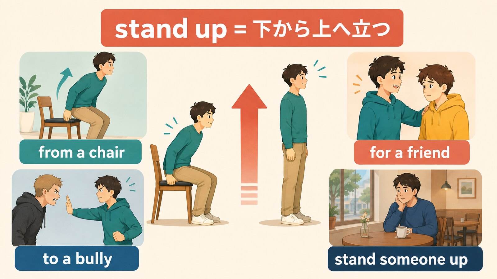 stand up・stand up for・stand up to・stand someone upの使い分け図