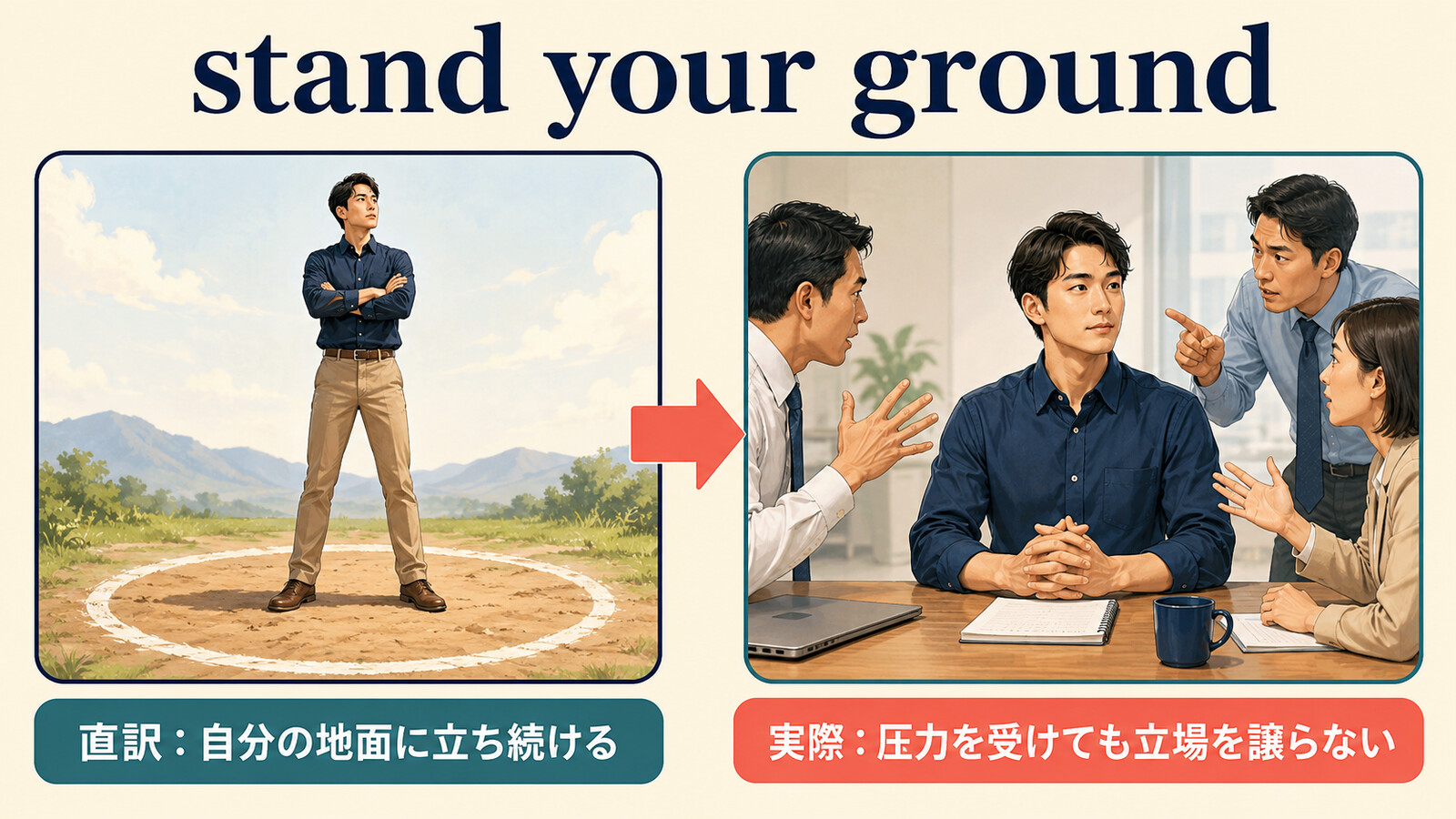 stand your groundの直訳「自分の地面に立ち続ける」と実際の意味「圧力を受けても立場を譲らない」の比較
