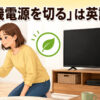 テレビのプラグを抜いて待機電源を切る様子と「待機電源を切る」は英語で？の文字