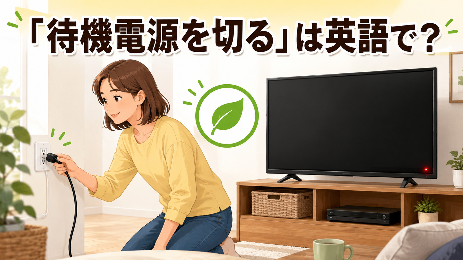 テレビのプラグを抜いて待機電源を切る様子と「待機電源を切る」は英語で？の文字