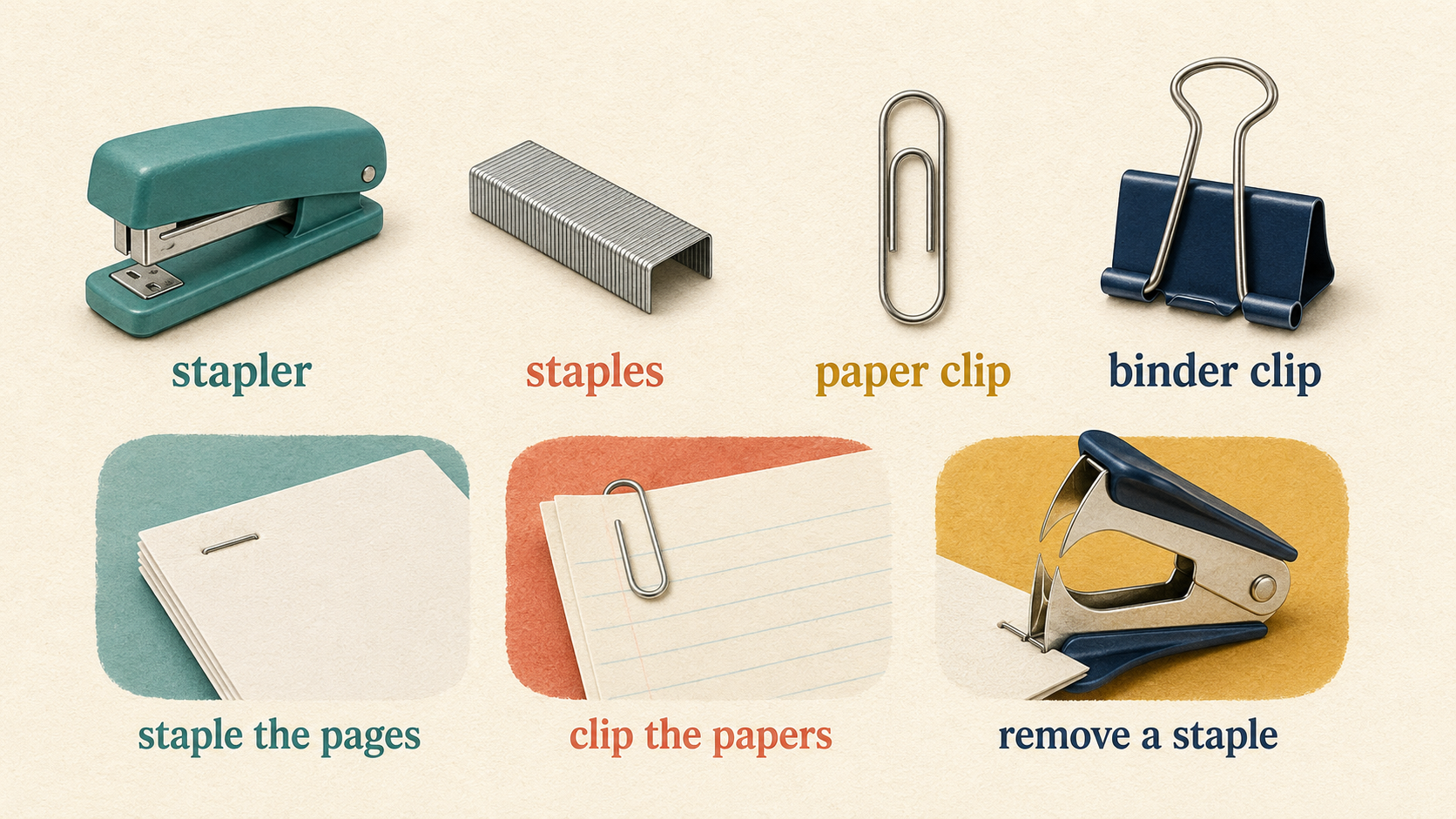 stapler・staples・paper clip・binder clipと留める表現