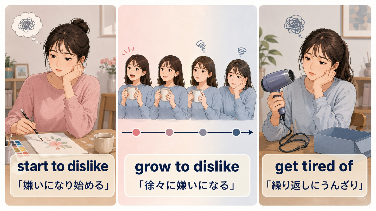 start to dislike・grow to dislike・get tired ofの違い