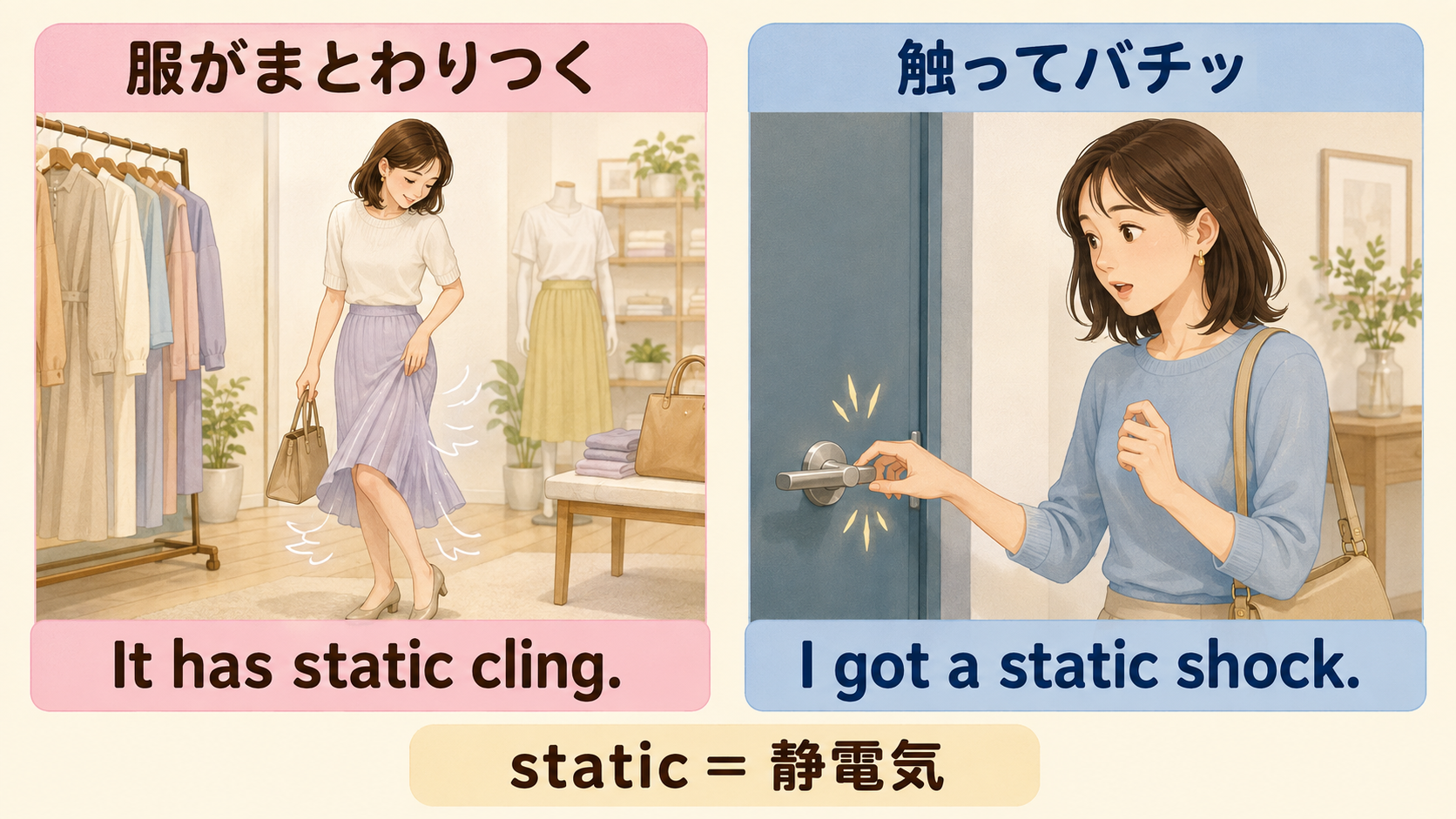 服のまとわりつきと触ったときの静電気ショックを比較する横長図