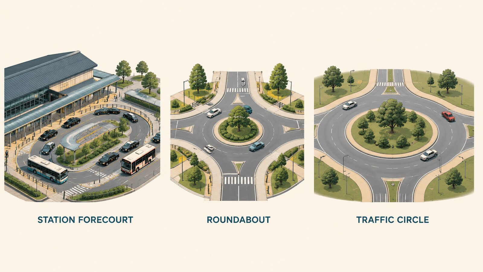 station forecourt・roundabout・traffic circleの違い