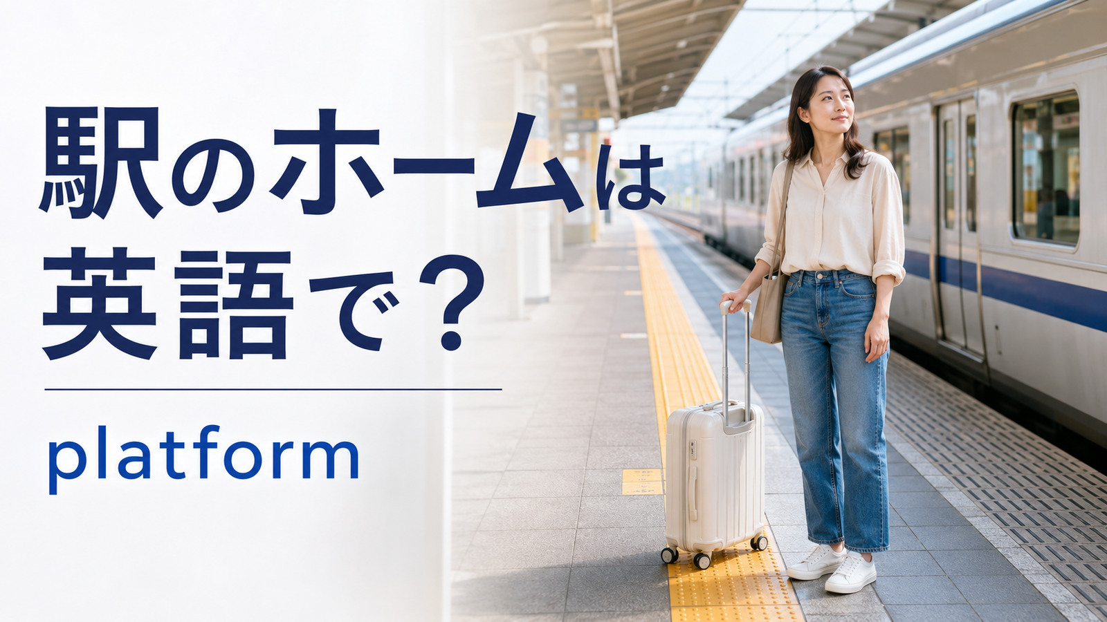 駅のホームで電車を待つ旅行者と「駅のホームは英語で？platform」の文字
