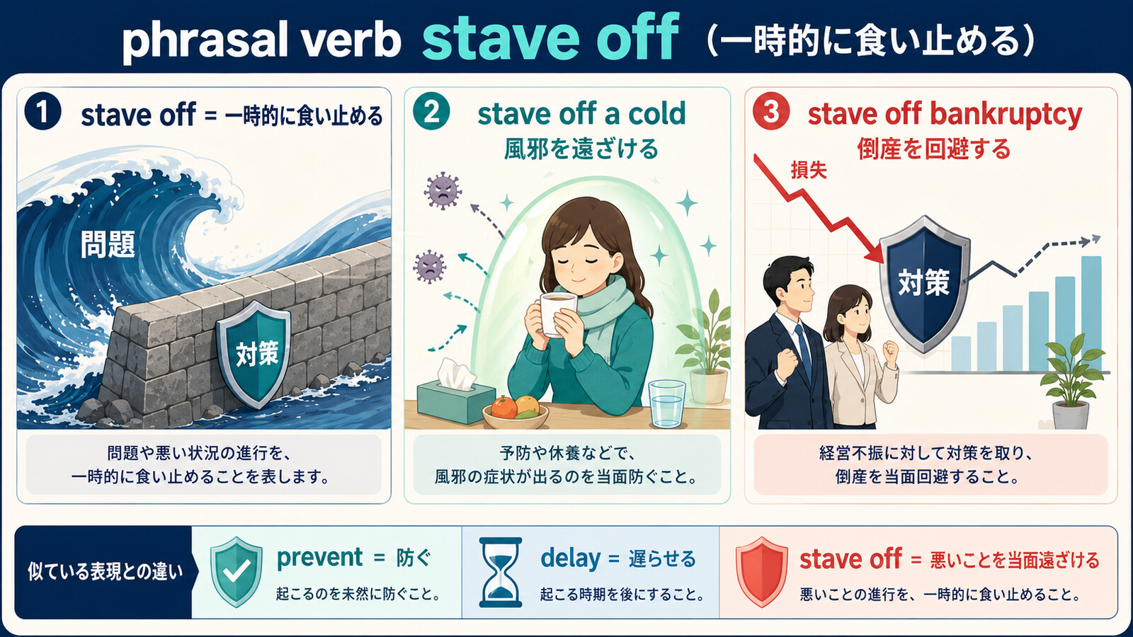 stave offとprevent・delayの違いを示す解説図