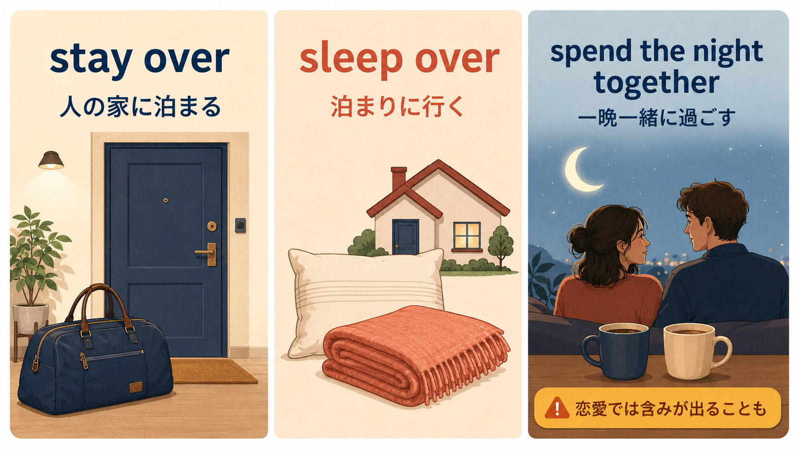 stay over・sleep over・spend the night togetherのお泊まり表現の違い