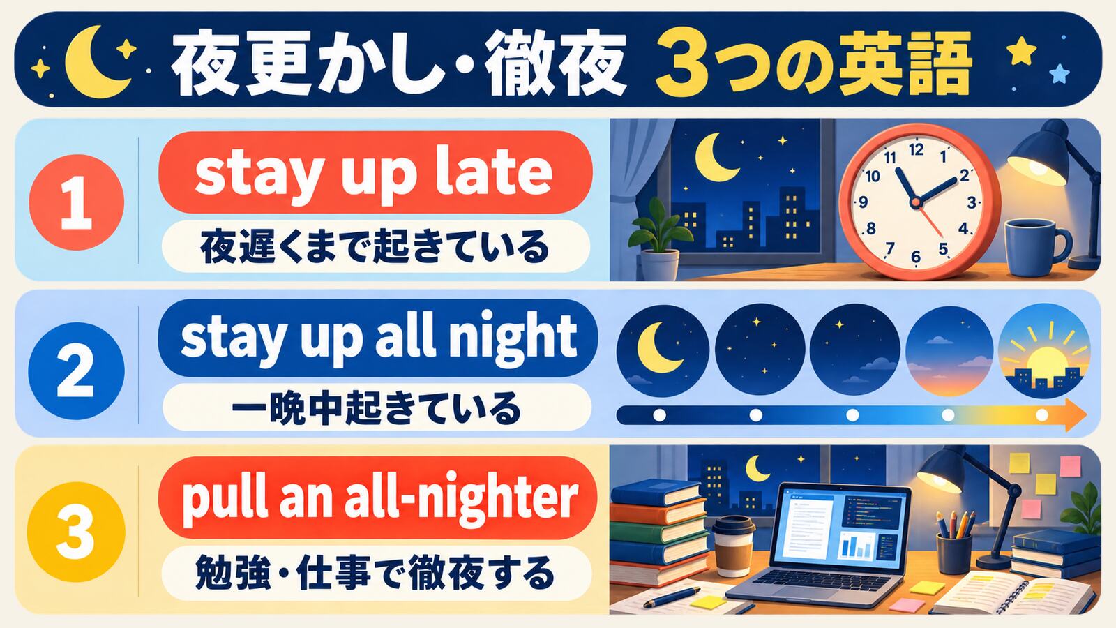 stay up late・stay up all night・pull an all-nighterの違い
