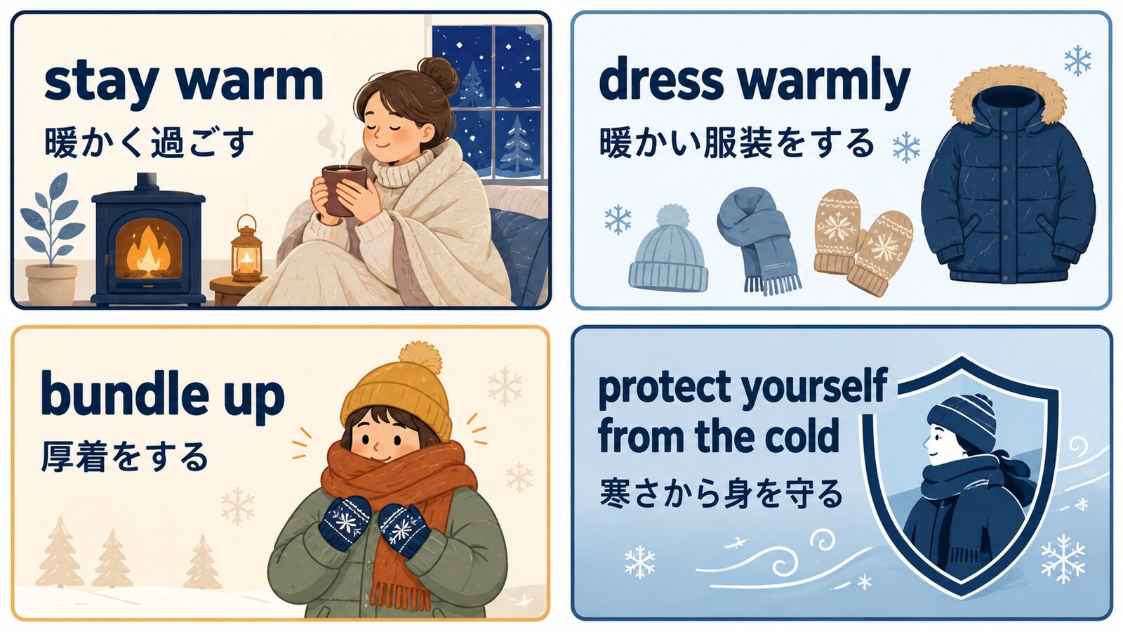 stay warm・dress warmly・bundle up・protect yourself from the coldを比較した英語図解