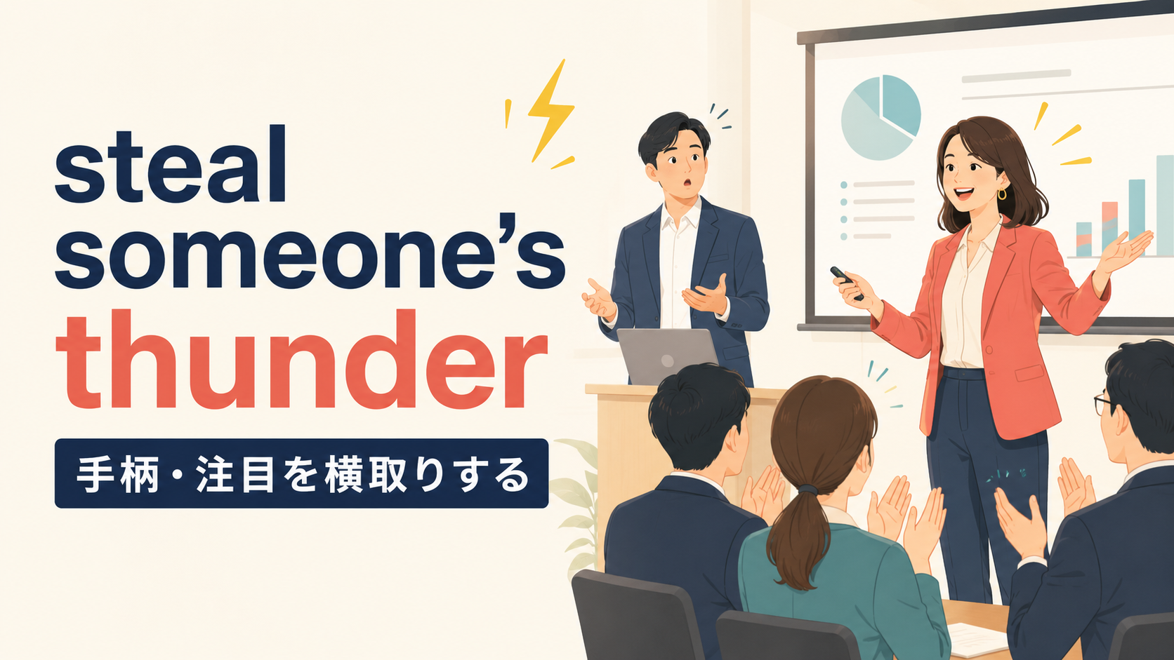 steal someone’s thunderの意味は手柄や注目を横取りすると解説するアイキャッチ画像