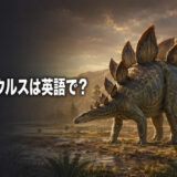 ジュラ紀の大地に立つステゴサウルスと「ステゴサウルスは英語で？」の文字