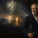 映画館に立つスティーヴン・スピルバーグを描いたイラスト