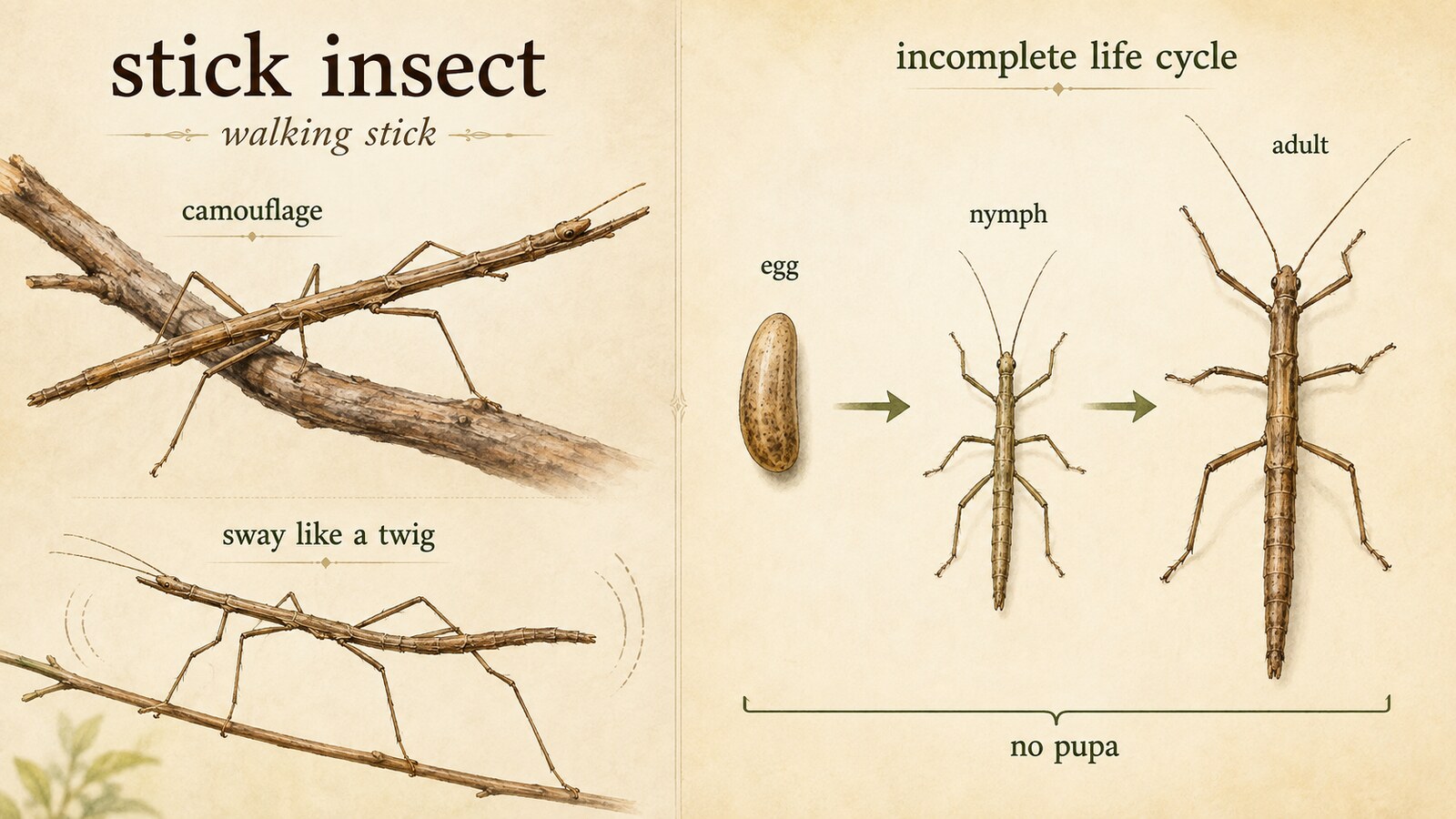 stick insectの擬態・枝のように揺れる動き・卵から成虫までの成長