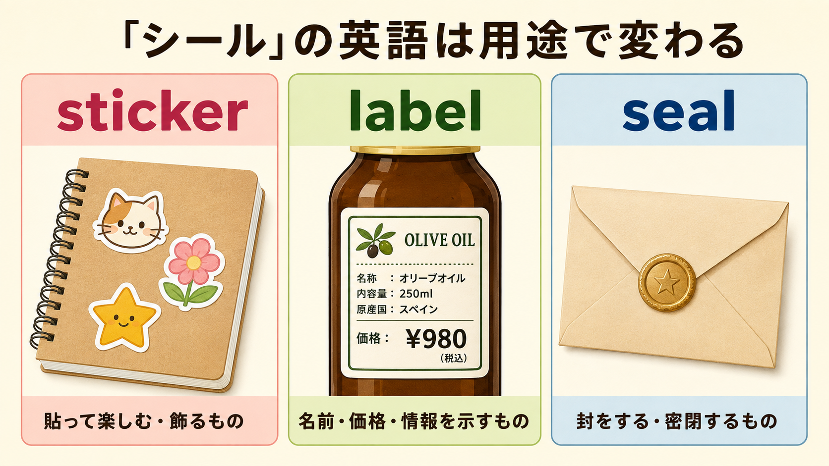 stickerは飾るもの、labelは情報を示すもの、sealは封をするものという違い