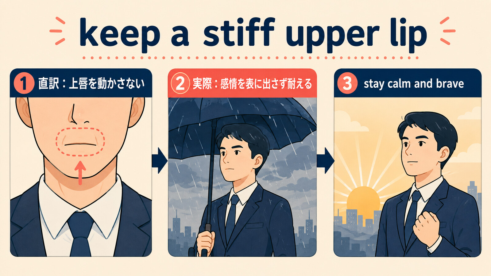keep a stiff upper lipの直訳・実際の意味・簡単な言い換え