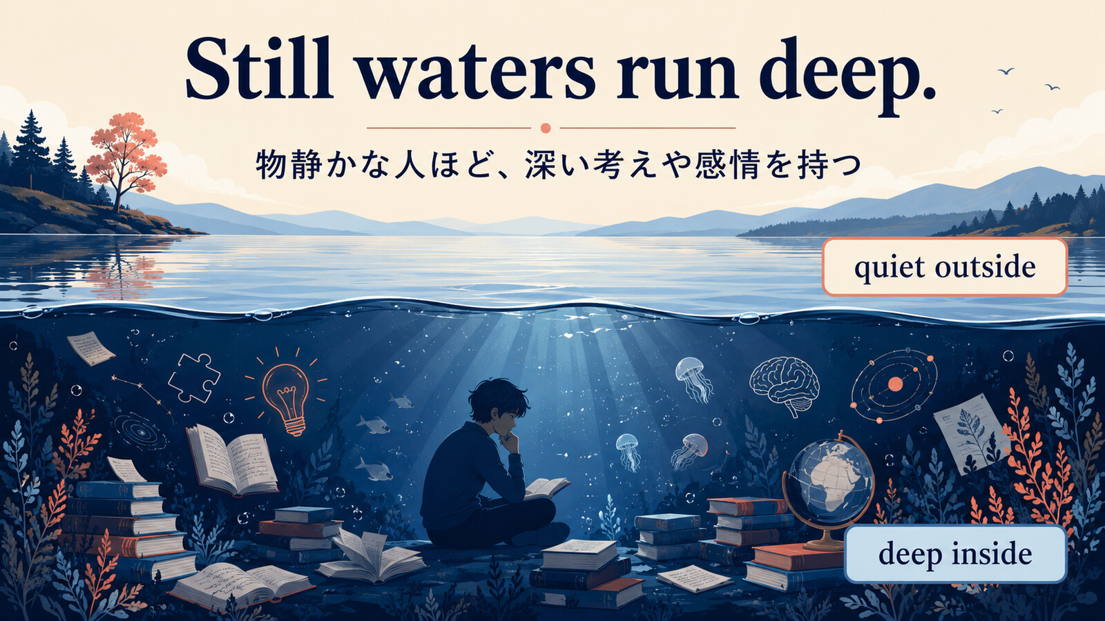 Still waters run deepの静かな外面と内面の深さを示す解説図