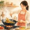 中華鍋で彩り野菜を炒める女性