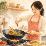 中華鍋で彩り野菜を炒める女性