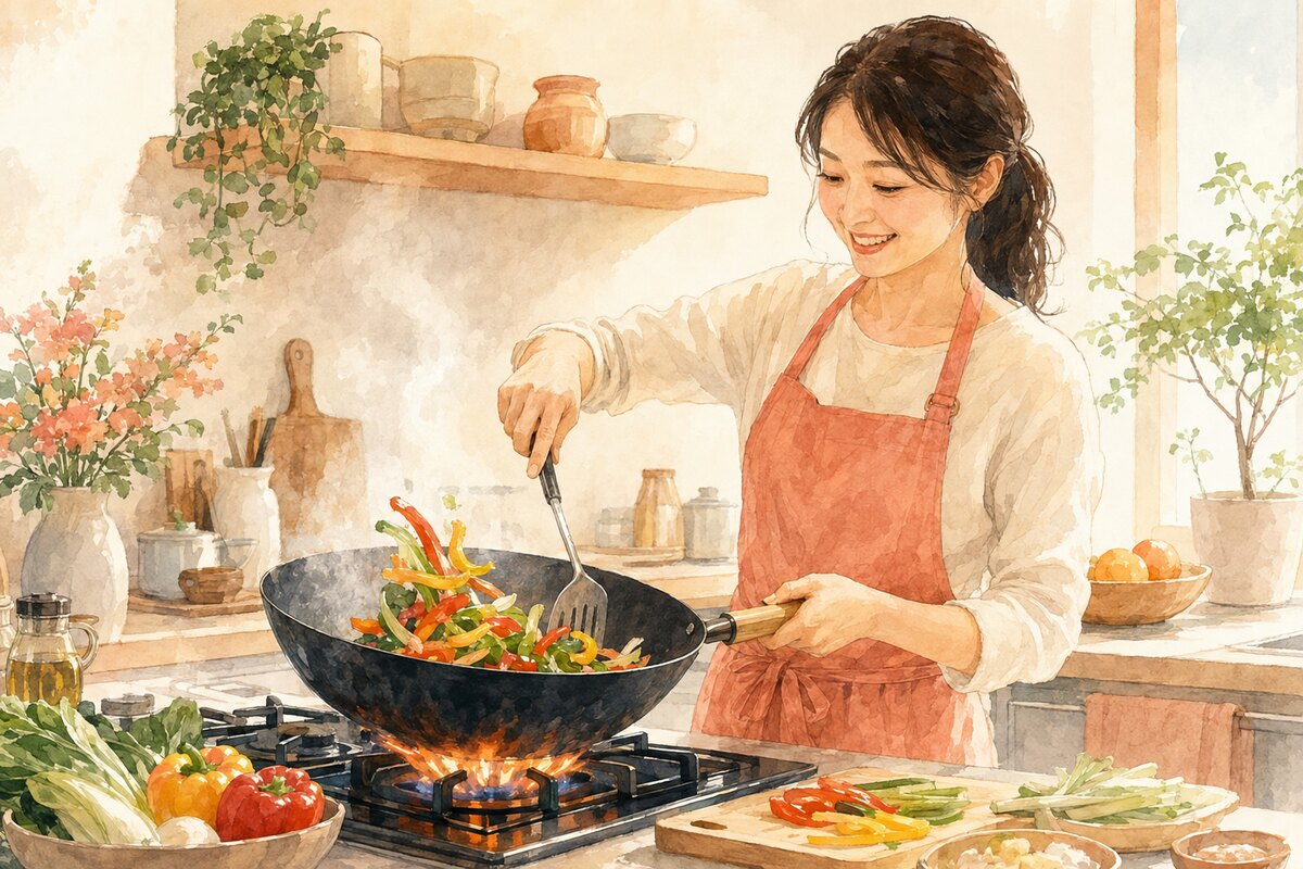 中華鍋で彩り野菜を炒める女性