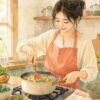 鍋のスープを木べらでかき混ぜる女性の水彩イラスト